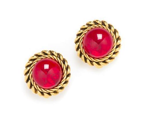A Pair of Chanel Red Glass Earclips, 1" x 1".