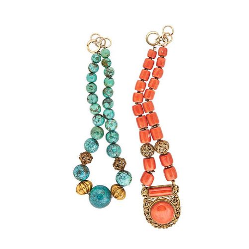 TWO SILVER & CORAL OR TURQUOISE NECKLACES