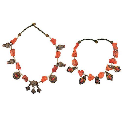 TWO OLD KABYLIA ENAMELED SILVER & CORAL NECKLACES