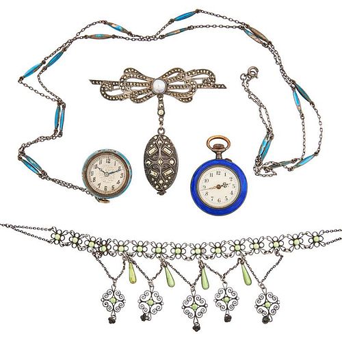 THREE LADIES ENAMELED SILVER WATCHES & FRINGE NECKLACE