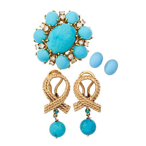 TURQUOISE & DIAMOND OR YELLOW GOLD RING & EARRINGS