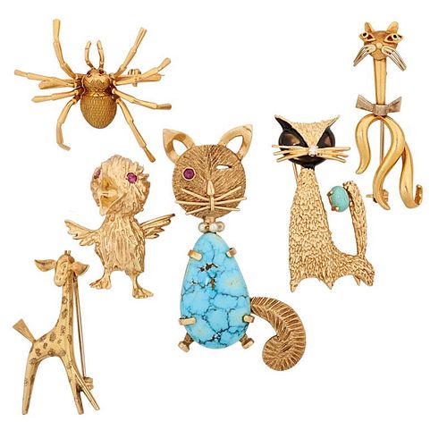 SIX WHIMSICAL YELLOW GOLD ANIMAL BROOCHES
