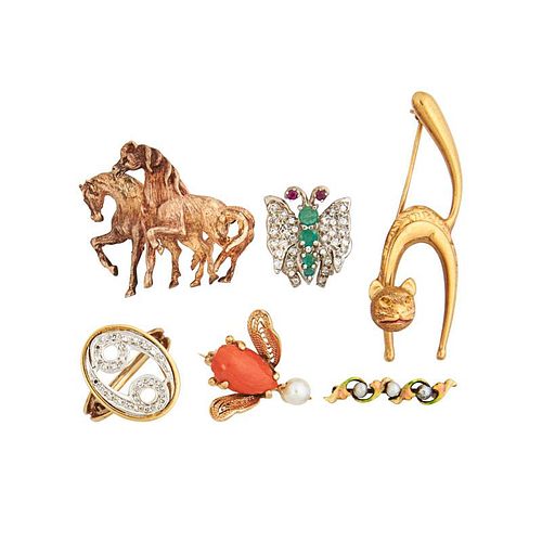YELLOW GOLD & GEM-SET WHIMSICAL ANIMAL BROOCHES, ETC.