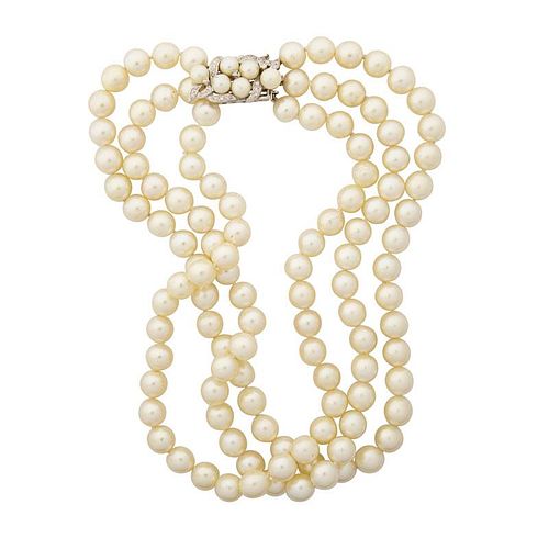 THREE STRAND CULTURED PEARL CHOKER NECKLACE