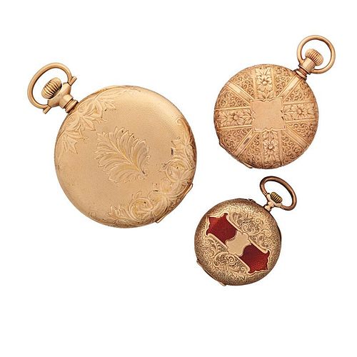 THREE ORNATE ENGRAVED GOLD POCKET WATCHES