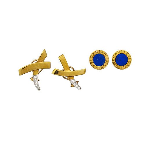 TWO PAIRS YELLOW GOLD DESIGNER EARRINGS