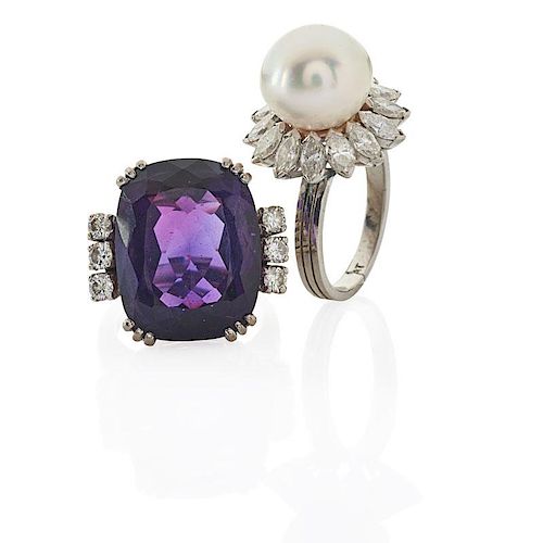TWO AMETHYST OR PEARL & DIAMOND WHITE GOLD RINGS