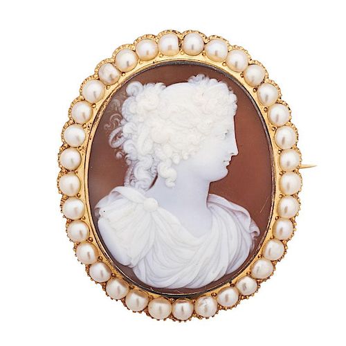 VICTORIAN CARVED SHELL, PEARL YELLOW GOLD CAMEO