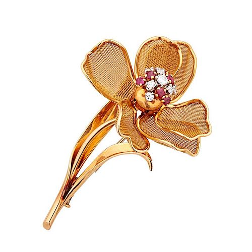 FRENCH RUBY & DIAMOND KINETIC BLOSSOM GOLD BROOCH