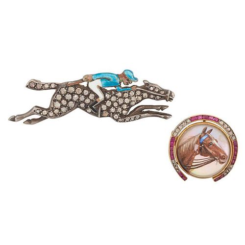 TWO GEM SET SILVER OR GOLD EQUESTRIAN BROOCHES