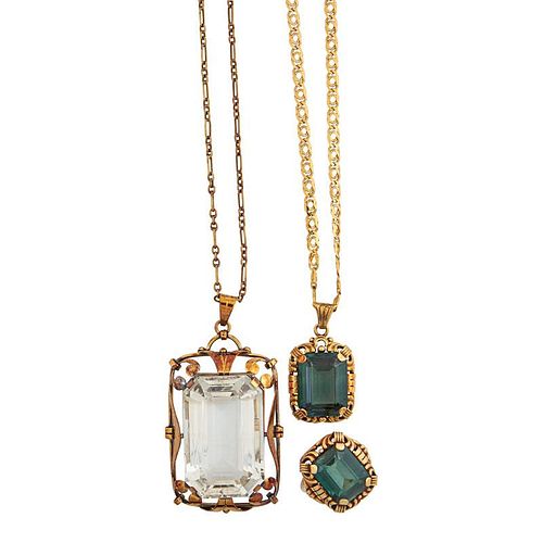 TWO YELLOW GOLD, GEM-SET NECKLACES & RING