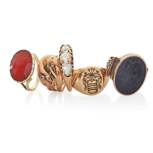 FIVE ANTIQUE DIAMOND OR HARDSTONE & GOLD RINGS