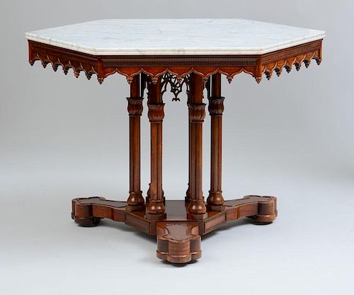 AMERICAN GOTHIC ROSEWOOD MARBLE-TOP CENTER TABLE, NEW YORK, C. 1850