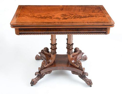 ANTHONY QUERVELLE (ATTRIBUTION), J SCROLL CARVED MAHOGANY, FIGURED MAHOGANY AND ROSEWOOD CROSSBANDED TABLE, PHILADELPHIA, C. 1825