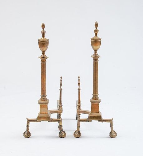PAIR OF FEDERAL STYLE ENGRAVED BRASS ANDIRONS