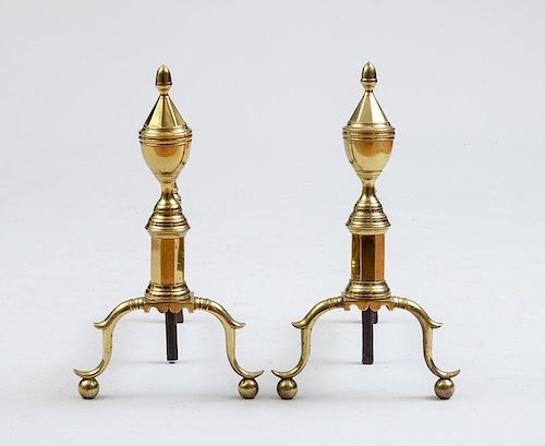 PAIR OF FEDERAL BRASS URN-TOP ANDIRONS, C. 1800