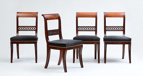 FOUR CLASSICAL CARVED MAHOGANY SIDE CHAIRS, POSSIBLY PHILADELPHIA, C. 1815