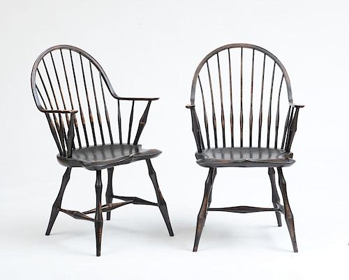 PAIR OF REPRODUCTION WINDSOR ARMCHAIRS IN BLACK PAINT, BY D. R. DIMES