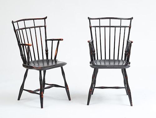 PAIR OF REPRODUCTION BIRDCAGE WINDSOR ARMCHAIRS IN BLACK PAINT, BY D. R. DIMES