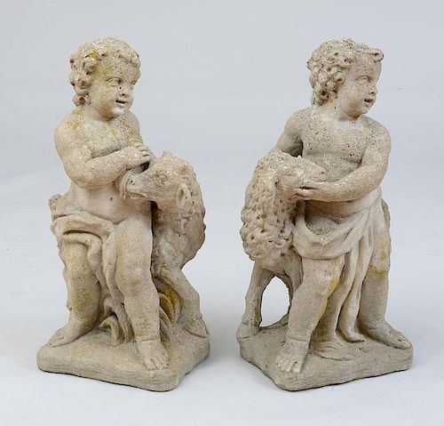 PAIR OF CAST AND CARVED CONCRETE GARDEN STATUES OF SHEPHERDS