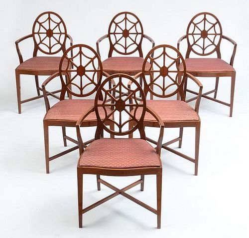 SIX REPRODUCTION MAHOGANY SPIDER-BACK ARMCHAIRS, AFTER A DESIGN BY SIR EDWIN LUYTENS