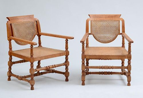 PAIR OF REPRODUCTION OAK LOGGIA" ARMCHAIRS, AFTER A DESIGN BY SIR EDWIN LUTYENS FOR THE VICEROY'S HOUSE, NEW DELHI, INDIA"
