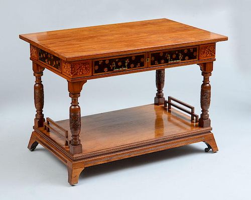 HERTER BROTHERS, AESTHETIC MOVEMENT, CARVED ROSEWOOD AND MARQUETRY TWO-DRAWER LIBRARY TABLE