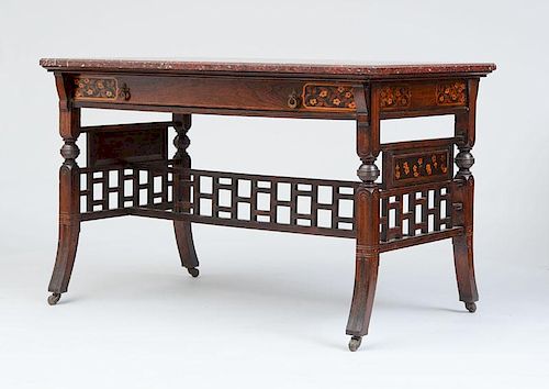 HERTER BROTHERS, AESTHETIC MOVEMENT ROSEWOOD AND MARQUETRY MARBLE-TOP TWO-DRAWER LIBRARY TABLE
