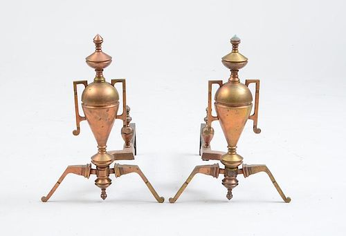 PAIR OF AESTHETIC MOVEMENT COPPER-PLATED BRASS ANDIRONS, C. 1880
