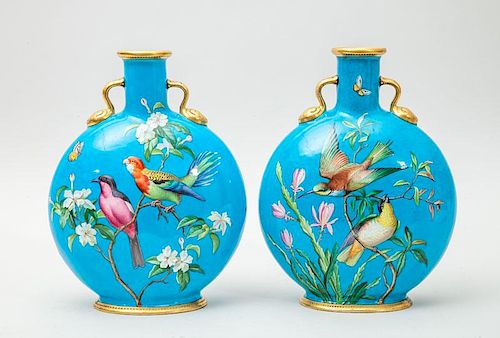 PAIR OF AESTHETIC MOVEMENT PORCELAIN MOON FLASKS", ATTRIBUTED TO MINTON, ENGLAND"