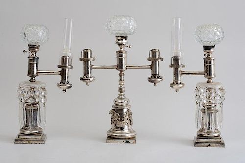 CUT-GLASS AND SILVER-PLATED THREE-PIECE ARGAND LAMP SET