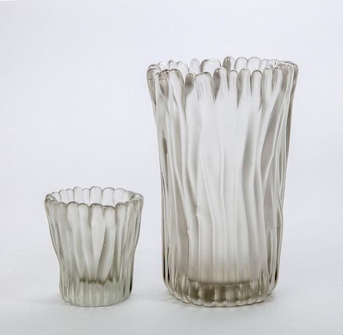 TAPIO WIRKKALA, FINLAND, TWO FROSTED GLASS LICHEN" VASES"
