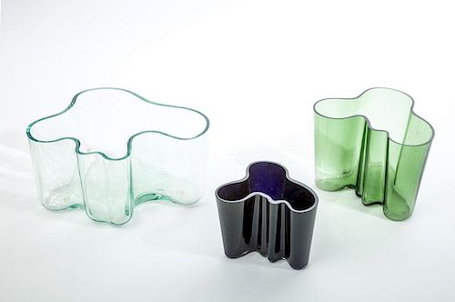 ALVAR AALTO FOR IITTALA, FINLAND, THREE COLORED GLASS SAVOY" VASES"