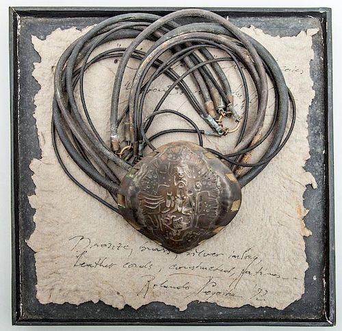 ROLANDO NEGOITA, HAND-WROUGHT BRONZE AND LEATHER NECKLACE AND COMPANION TRAY