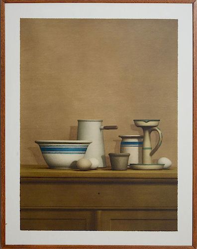 WILLIAM BAILEY (b. 1930): STILL LIFE WITH EGGS, CANDLESTICK AND BOWL, FROM AMERICA: THE THIRD CENTURY