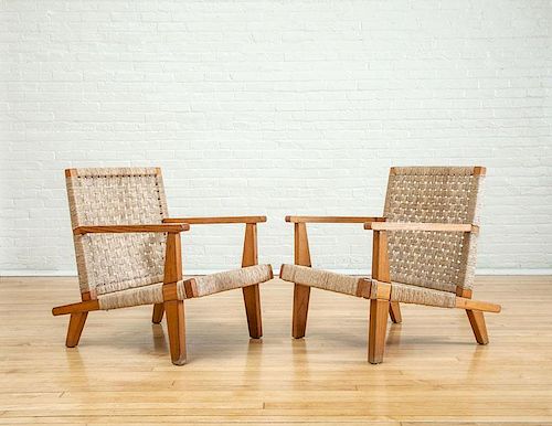 STYLE OF PAUL LAZLO, PAIR OF PINE AND WOVEN GRASS CORD ARMCHAIRS