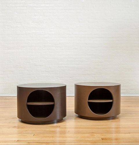 ALAN WANZENBERG DESIGN, TWO ROUND BROWN LACQUER CIRCULAR END TABLES