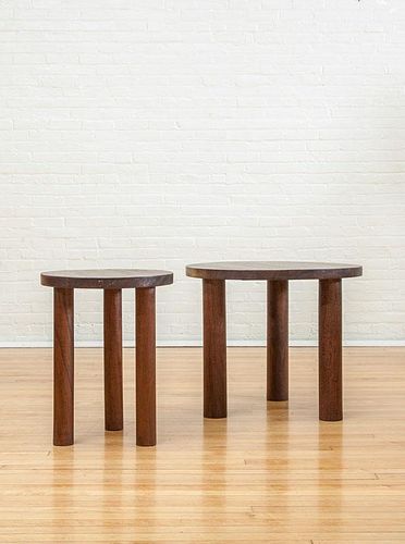 ALAN WANZENBERG DESIGN, TWO ROUND MAHOGANY END TABLES