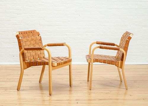 PAIR OF BENTWOOD AND WOVEN-LEATHER ARMCHAIRS