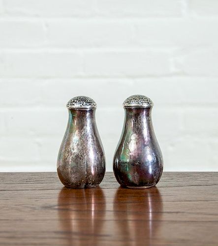 PAIR OF ARTS AND CRAFTS STERLING SILVER SALT AND PEPPER SHAKERS, KALO