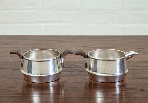 WILLIAM SPRATLING STERLING SILVER AND WOOD SUGAR AND CREAMER