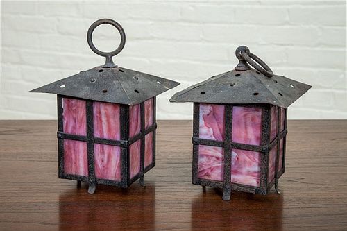 TWO SMALL METAL AND GLASS SQUARE LANTERNS