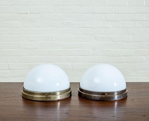 PAIR OF MILK GLASS AND METAL DOME CEILING LIGHTS