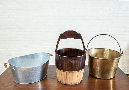 BRASS BUCKET, TWO-HANDLED TIN BIN, AND A WOODEN BUCKET
