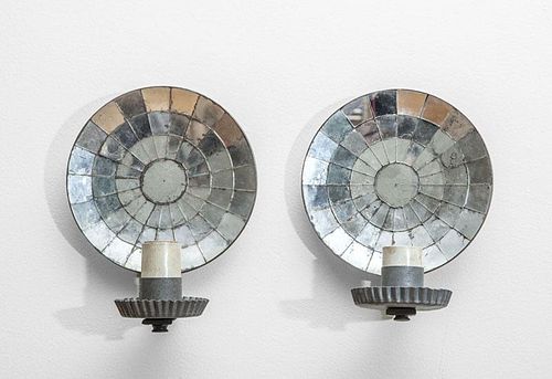 PAIR OF TIN AND MIRROR WALL LIGHTS, ELECTRIFIED