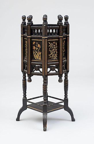 GILLOW, AESTHETIC MOVEMENT PLANT STAND, EBONIZED WITH GOLD DECORATION, ENGLAND