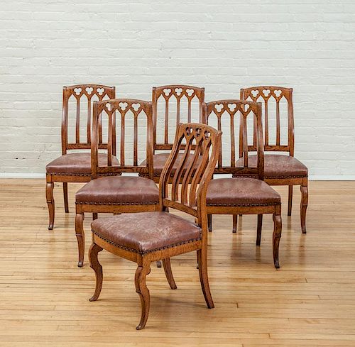 ALEXANDER AND FREDERICK ROUX / NEW YORK, SIX OAK GOTHIC REVIVAL UPHOLSTERED DINING CHAIRS, C. 1850