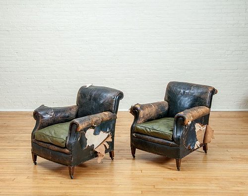 PAIR OF GREEN LEATHER CLUB CHAIRS