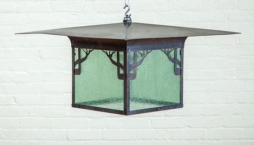 NED JAMES, COPPER AND GLASS LANTERN