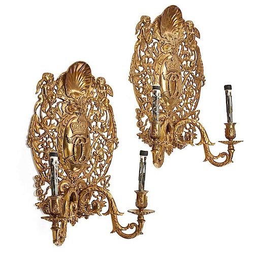 PAIR OF BAROQUE STYLE GILT METAL WALL SCONCES